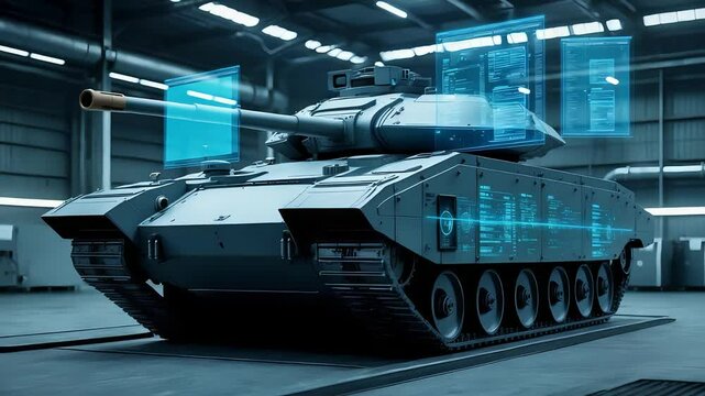 Advanced Battle Tank in High-Tech Military Hangar with Augmented Reality Interface and Futuristic Combat Diagnostics Display

