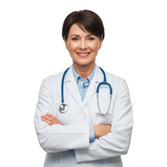 Confident Female Doctor with Stethoscope and White Coat Against a Black Background Presenting Medical Professionalism and Expertise