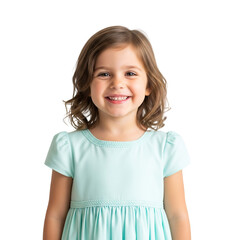 Adorable Young Girl Smiling Brightly in a Light Blue Dress with Shoulder-Length Brown Hair on a Transparent Background