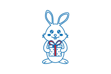 Outlined bunny character is holding a gift box adorned with a ribbon and polka dots