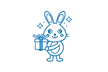 Smiling blue outlined rabbit proudly presents a gift wrapped with a bow, radiating joy