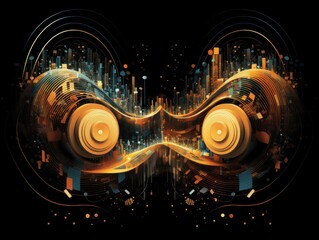 Abstract digital art featuring colorful shapes and symbols on dark background