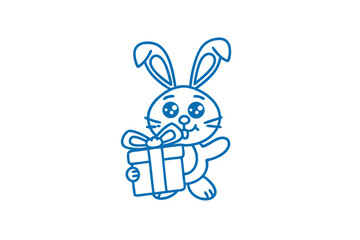 Outlined adorable rabbit holds a gift, with a ribbon while smiling happily