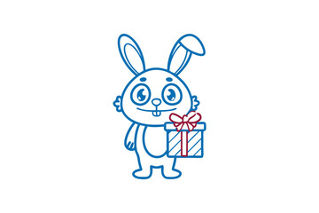 Cute bunny outline cheerfully holds a festive gift box with a red ribbon