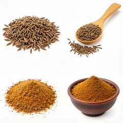 Cumin seeds and powder set isolated on white background