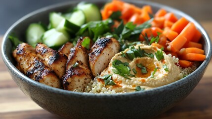 Mediterranean bowl with grilled chicken, quinoa, hummus, and vegetables 