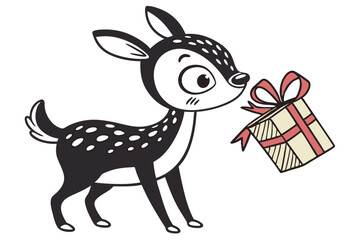 Spotted cartoon fawn stands attentively with a gift box near its nose