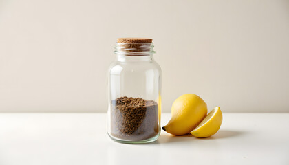 Jar of Ground Spice Next to Fresh Slices of Lemon on White Surface