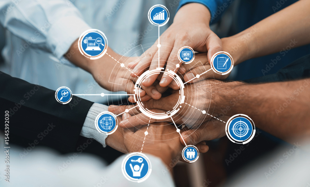 Poster engaging visual representation of teamwork with diverse hands coming together, surrounded by digital