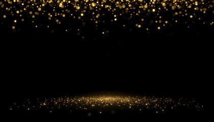 Golden Sparkles and Glitter Particles on Black Background