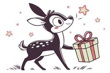 Spotted fawn happily carries a gift box with stars floating around it