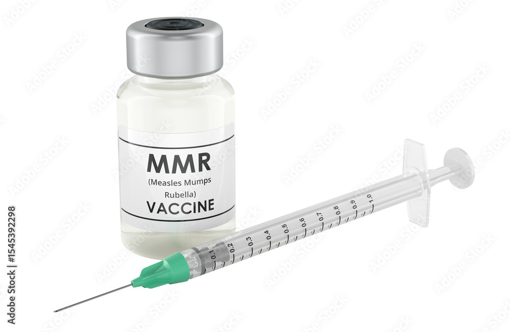 Poster mmr vaccine vial and syringe. vaccine from measles mumps rubella. 3d rendering isolated on transpare