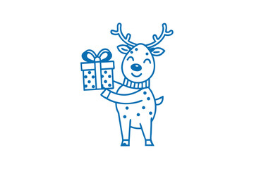 Fototapeta premium Smiling reindeer wearing a sweater happily holds a polka dotted gift box with ribbon