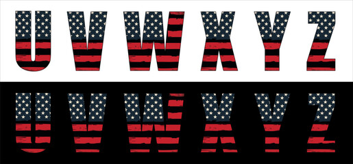 Vector font on background of national flag of usa.
A set of letters of english alphabet with
american pattern of stars and stripes for
clothing, fabric, textile, paper, inscription on t-shirt.
