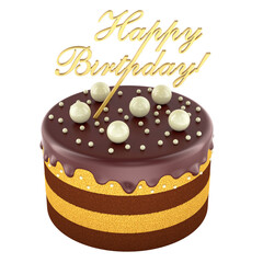 Chocolate birthday cake with gold happy birthday topper. 3D rendering isolated on transparent background