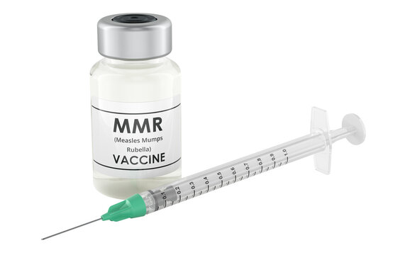 MMR vaccine vial and syringe. Vaccine from measles mumps rubella. 3D rendering isolated on transparent background