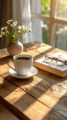 Obraz premium Minimalist workspace with soft lighting and cozy details 