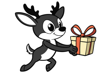 Cartoonish gray reindeer joyfully carries a cream gift box tied with a red ribbon