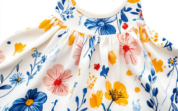 Close-up shot of a playful floral print sundress featuring vibrant colors and intricate flower patterns. Generative AI.
