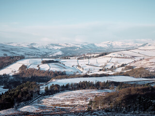 Snow lying over the Hope Valley in winter, Peak District, UK