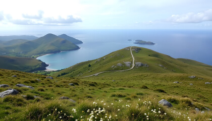 Serene Coastal Landscape with Rolling Green Hills and Clear Waters