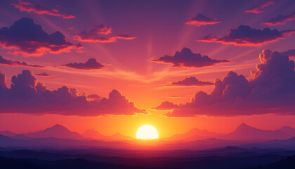 Vibrant Sunset Over Mountain Range with Colorful Clouds and Sky