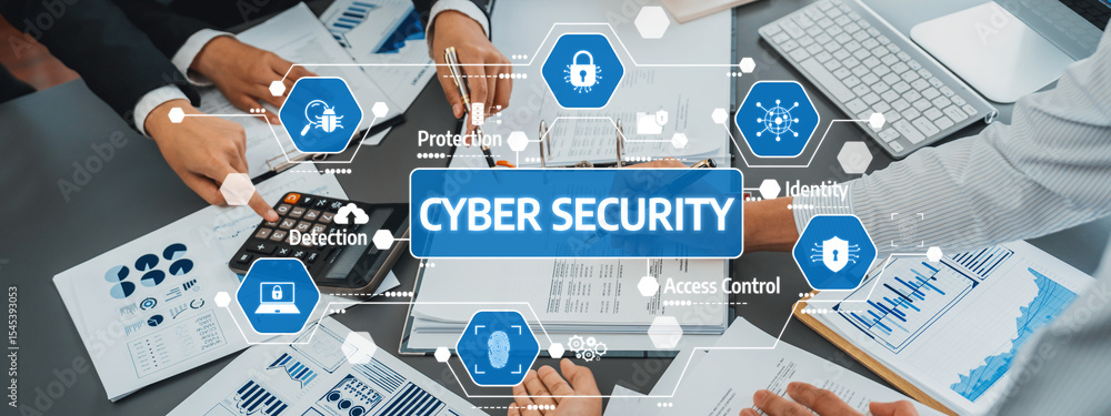 Poster a dynamic scene showing a business team engaged in analysis and strategy development on cyber securi
