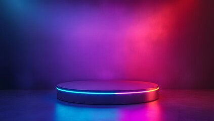 A silver circular stage with neon lights podium illuminated with neon lights AI Generated
