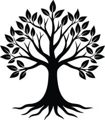 Obraz premium Decorative Black Tree with Roots and Leaves Isolated on White Background Vector Illustration