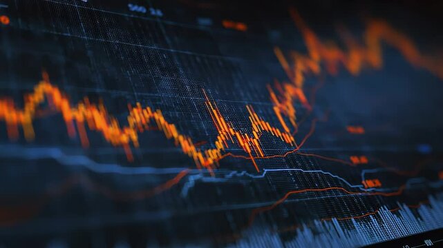 Financial graph display with volatile orange and blue lines fluctuating rapidly