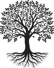 Obraz premium Decorative Black Tree with Roots and Leaves Isolated on White Background Vector Illustration