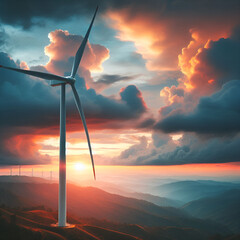 Wind turbine against dramatic sunset clouds over mountainous landscape  