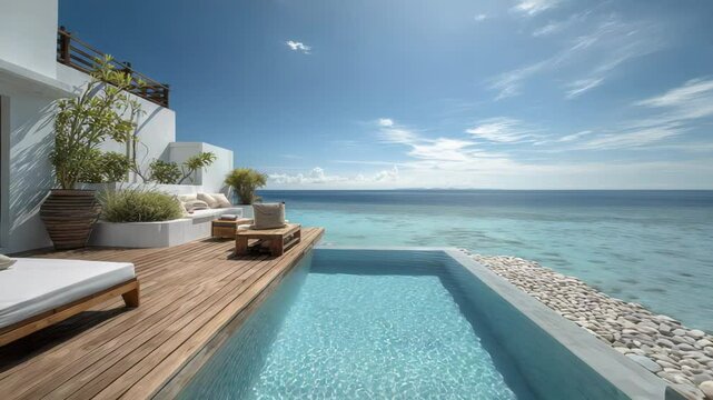Private plunge pool overlooking ocean with sundeck seating and coastal view