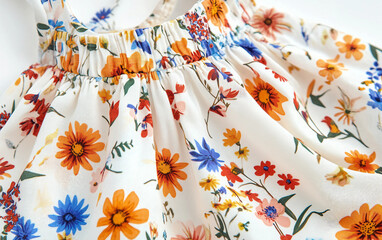Close-up shot of a playful floral print sundress showcasing vibrant patterns of colorful blooms. Generative AI.
