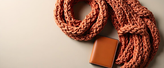Autumn Fashion Accessories Flatlay with Knit Scarves and Leather Wallet
