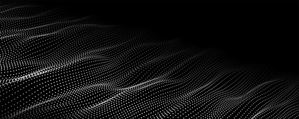 Wave of flowing particles on a dark background. Abstract backdrop with dynamic elements of waves and dots. Vector