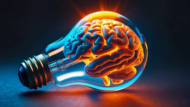Glowing Human Brain Inside Transparent Lightbulb with Warm Highlights on Dark Background in Creative Conceptual Design

