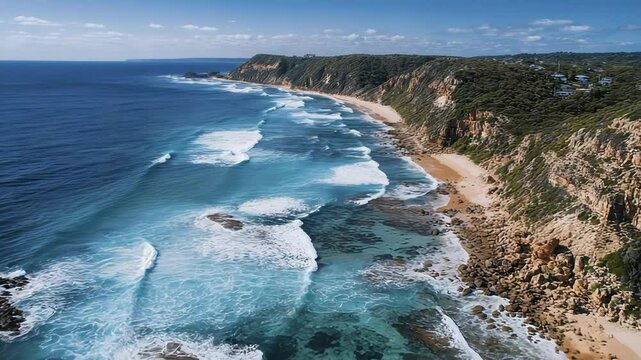 Ocean waves rolling onto shore with cliffs and vegetated bluff coastline