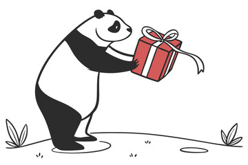 Smiling panda bears a vibrant red gift box tied with a white ribbon