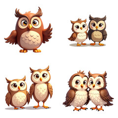 Cartoon owls in various poses and expressions on white background  