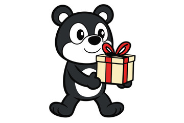 Happy cartoon bear walks cheerfully while holding a colorful, delightful present box now
