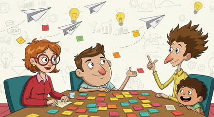 Cartoon family brainstorming and planning business ideas with post it notes and lightbulbs