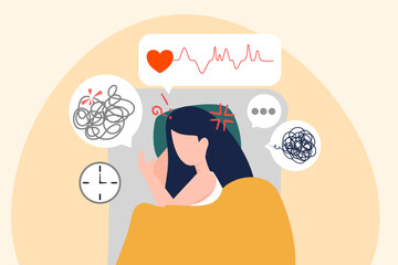 flat-style illustration of a restless woman lying in bed, struggling with insomnia and anxiety during the night.
