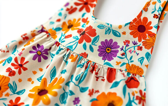 Close-up shot of a playful floral print sundress featuring vibrant colors and detailed flower patterns. Generative AI.
