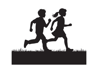 Silhouettes of playful children running on grass isolated on white background