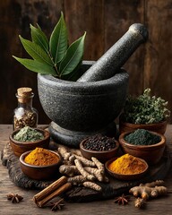 Stone pestle crushing herbal ingredients high resolution picture