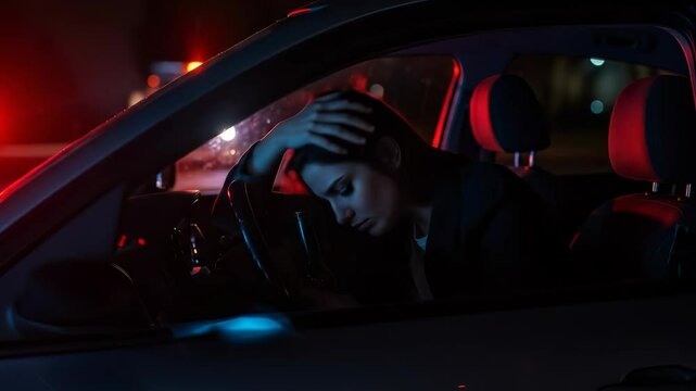 Woman Drinking & Driving at Night, Police Lights, DUI Risk, Alcohol Abuse, Depression in Car,  (If you want more characters you could add: Reckless Behavior)