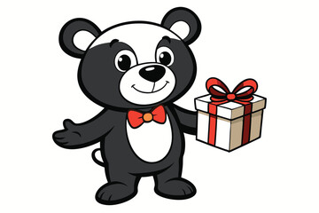Cheerful skunk cartoon character presents a gift box tied with a red ribbon bow