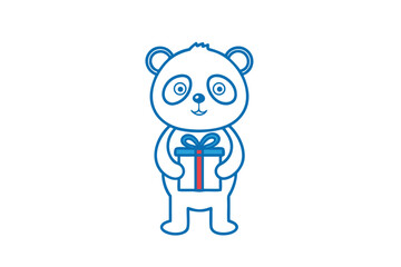 Cheerful outline panda holding a gift box with blue ribbon stands sweetly here