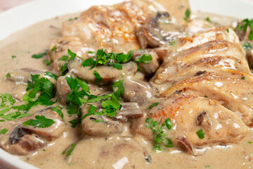 chicken in cream sauce with mushrooms, on a plate, no people